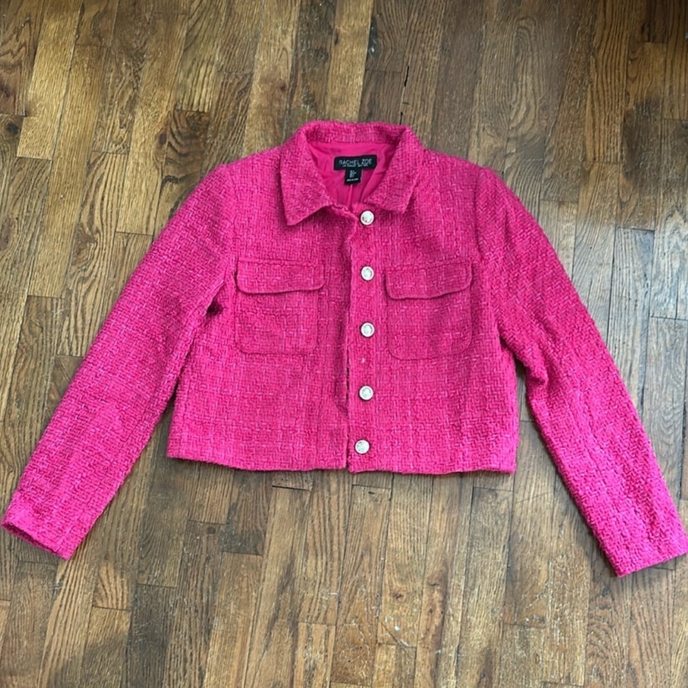 Rachel Zoe - Hot pink, slightly cropped, boucle knit texture, 2 chest pockets
